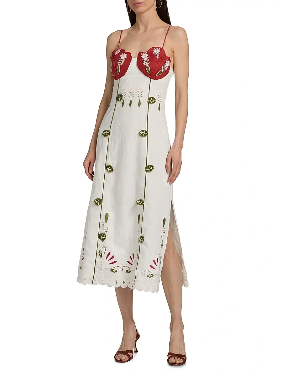 Farm Rio Women's Tulip Richilieur Embroidered Linen Midi-Dress | Thumbnail 3 Farm Rio Women's Tulip Richilieur Embroidered Linen Midi-Dress | Thumbnail 3