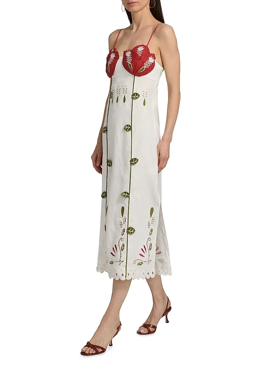 Farm Rio Women's Tulip Richilieur Embroidered Linen Midi-Dress | Thumbnail 4 Farm Rio Women's Tulip Richilieur Embroidered Linen Midi-Dress | Thumbnail 4