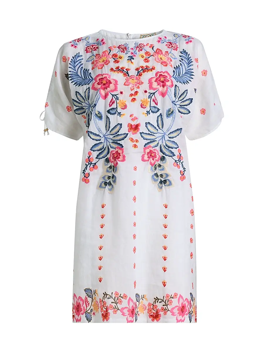 Johnny Was Women's Floral-Embroidered Shift Minidress - White | Image 1 Johnny Was Women's Floral-Embroidered Shift Minidress - White | Image 1
