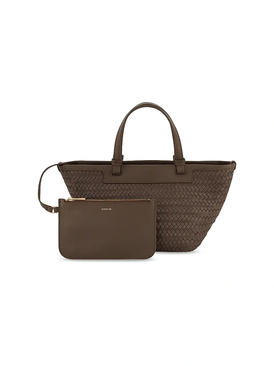 Vince Women's Marin Mini Woven Leather Tote Bag - Date | Image 1 Vince Women's Marin Mini Woven Leather Tote Bag - Date | Image 1