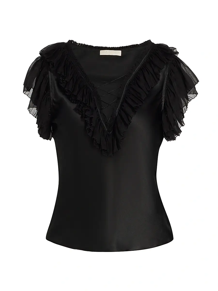 Ulla Johnson Women's Ilyana Ruffled Silk Top - Noir | Image 1 Ulla Johnson Women's Ilyana Ruffled Silk Top - Noir | Image 1