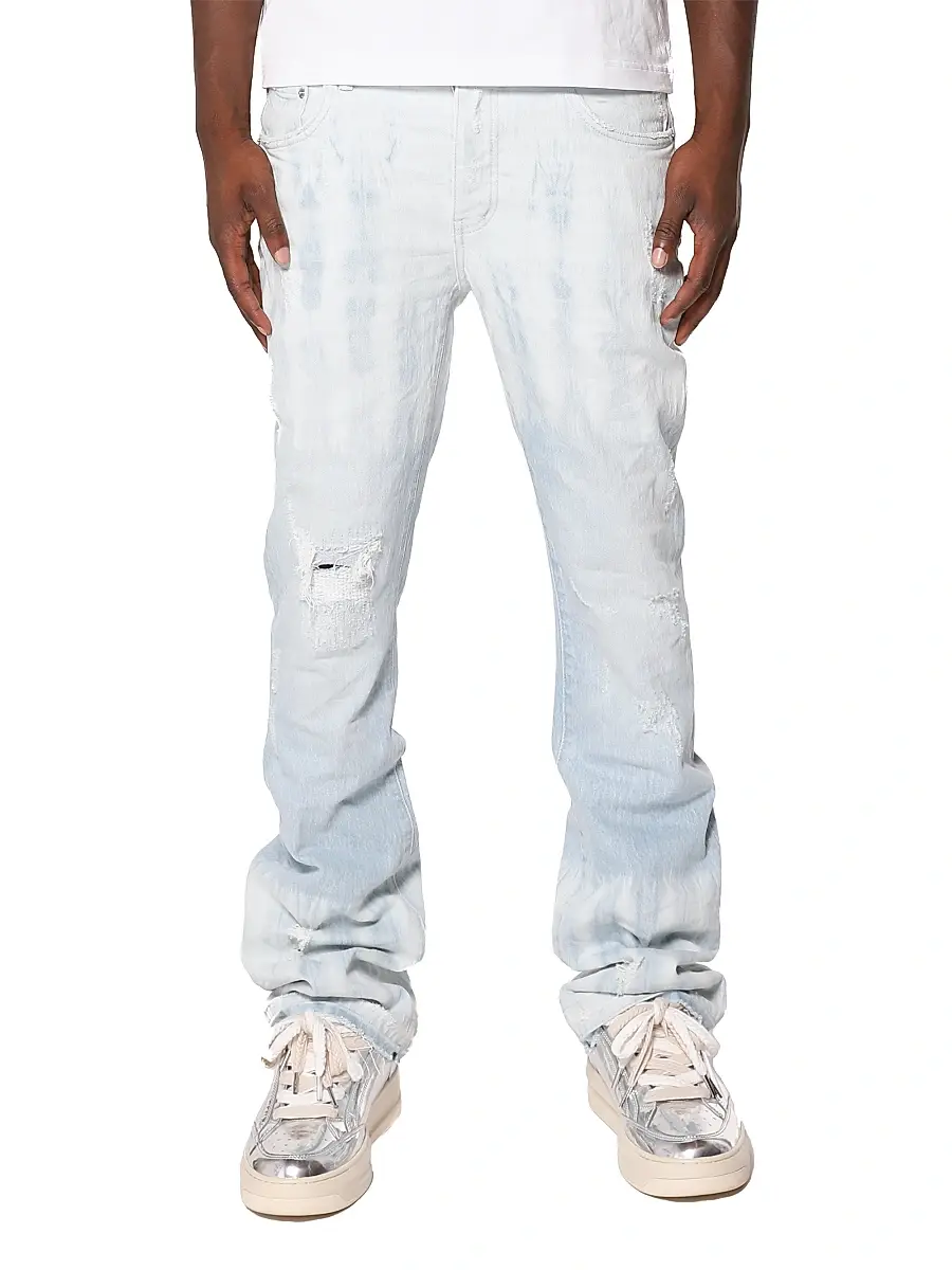 Purple Brand Men's Tie Dye Distressed Mid-Rise Flared Jeans - Super Light Indigo | Image 1 Purple Brand Men's Tie Dye Distressed Mid-Rise Flared Jeans - Super Light Indigo | Image 1