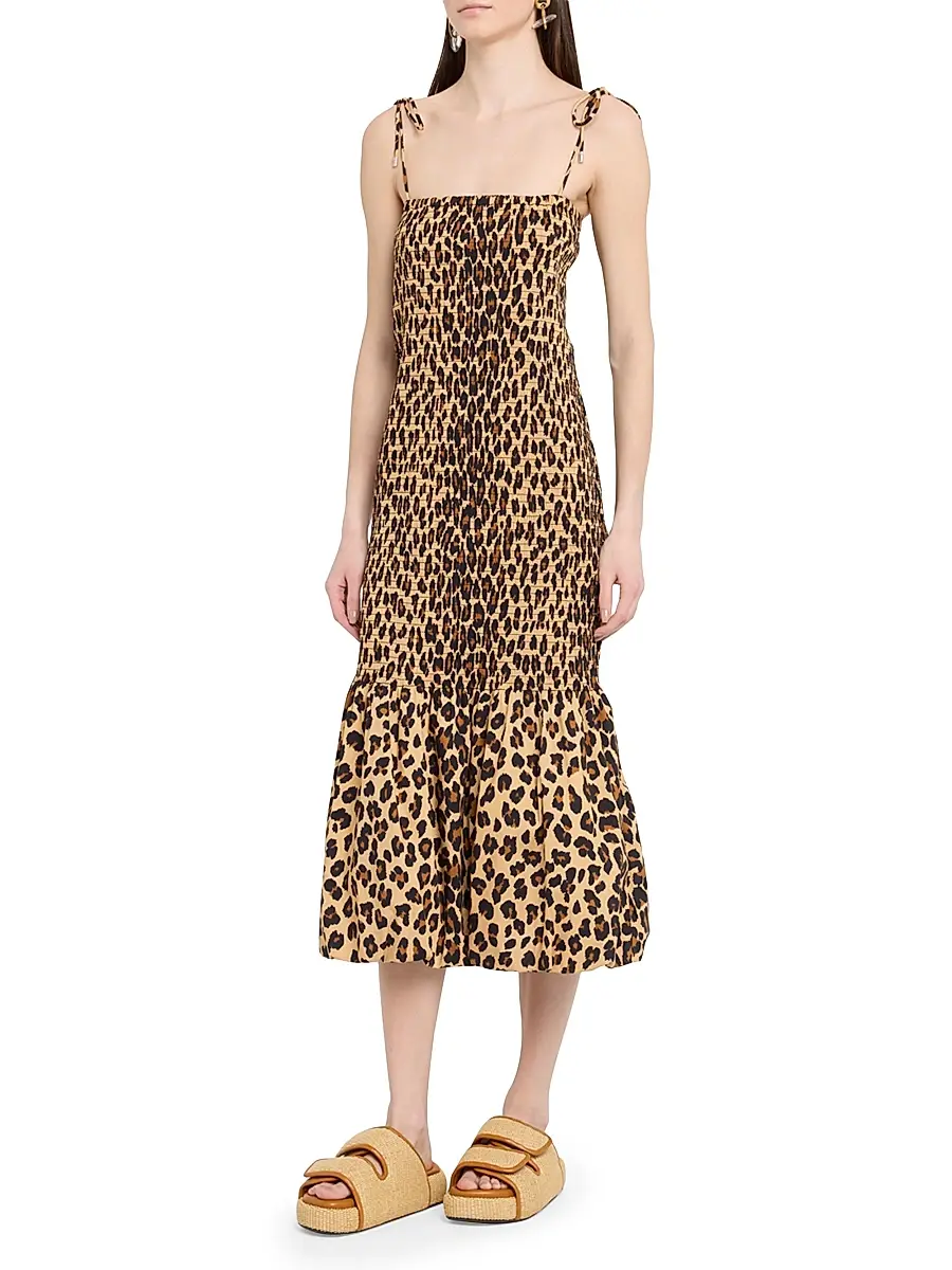 SIMONMILLER Women's Canto Leopard Print Smocked Poplin Midi-Dress | Thumbnail 2 SIMONMILLER Women's Canto Leopard Print Smocked Poplin Midi-Dress | Thumbnail 2