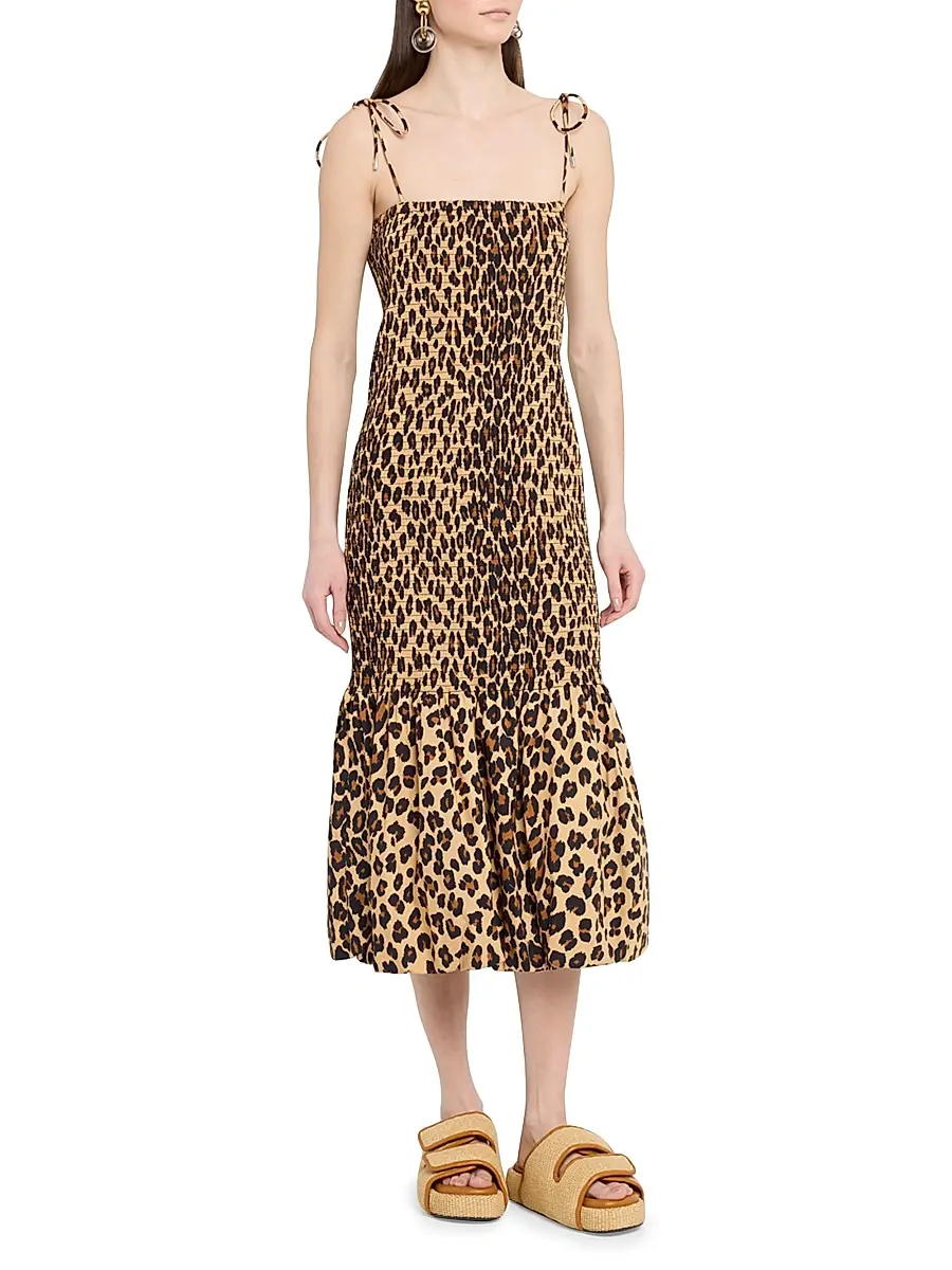 SIMONMILLER Women's Canto Leopard Print Smocked Poplin Midi-Dress | Thumbnail 3 SIMONMILLER Women's Canto Leopard Print Smocked Poplin Midi-Dress | Thumbnail 3