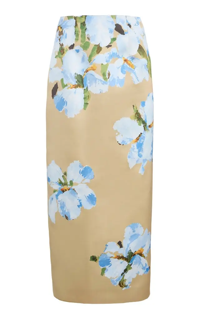 Oscar de la Renta Watercolor Iris Satin Midi Skirt