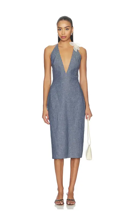 Milkwhite Midi V-neck Dress With Flower Detail | Thumbnail 2 Milkwhite Midi V-neck Dress With Flower Detail | Thumbnail 2