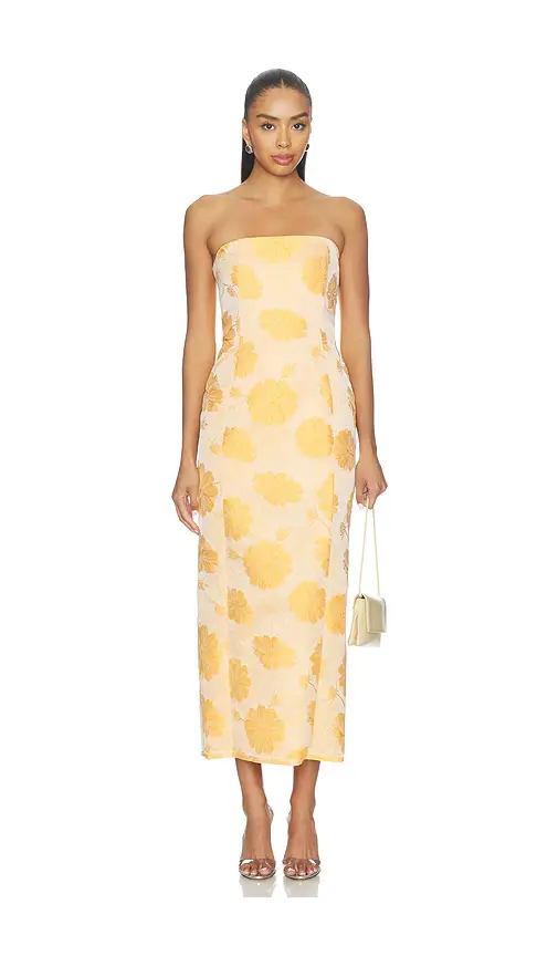 Milkwhite Floral Strapless Midi Dress | Image 1 Milkwhite Floral Strapless Midi Dress | Image 1