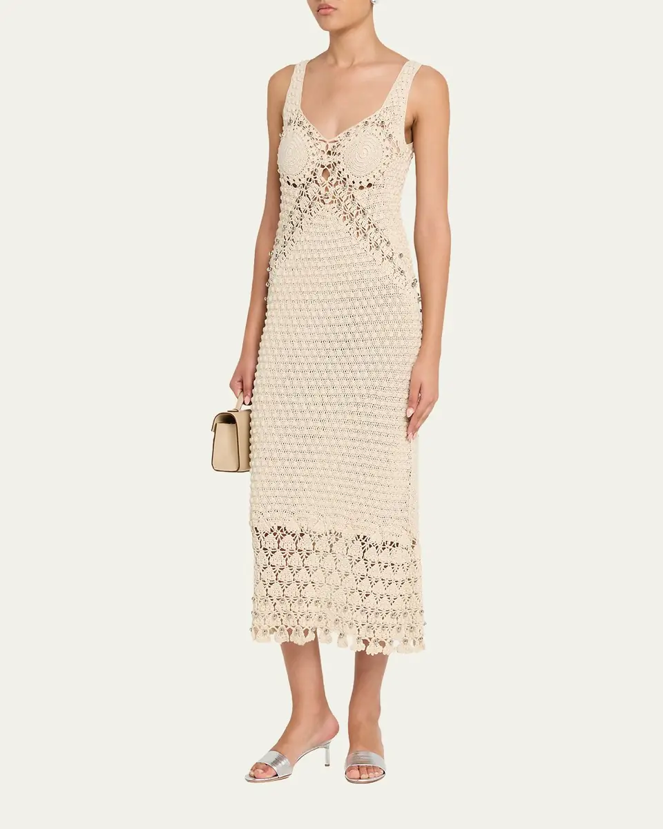 Rabanne Embellished Textured Crochet Knit Midi Dress | Thumbnail 3 Rabanne Embellished Textured Crochet Knit Midi Dress | Thumbnail 3