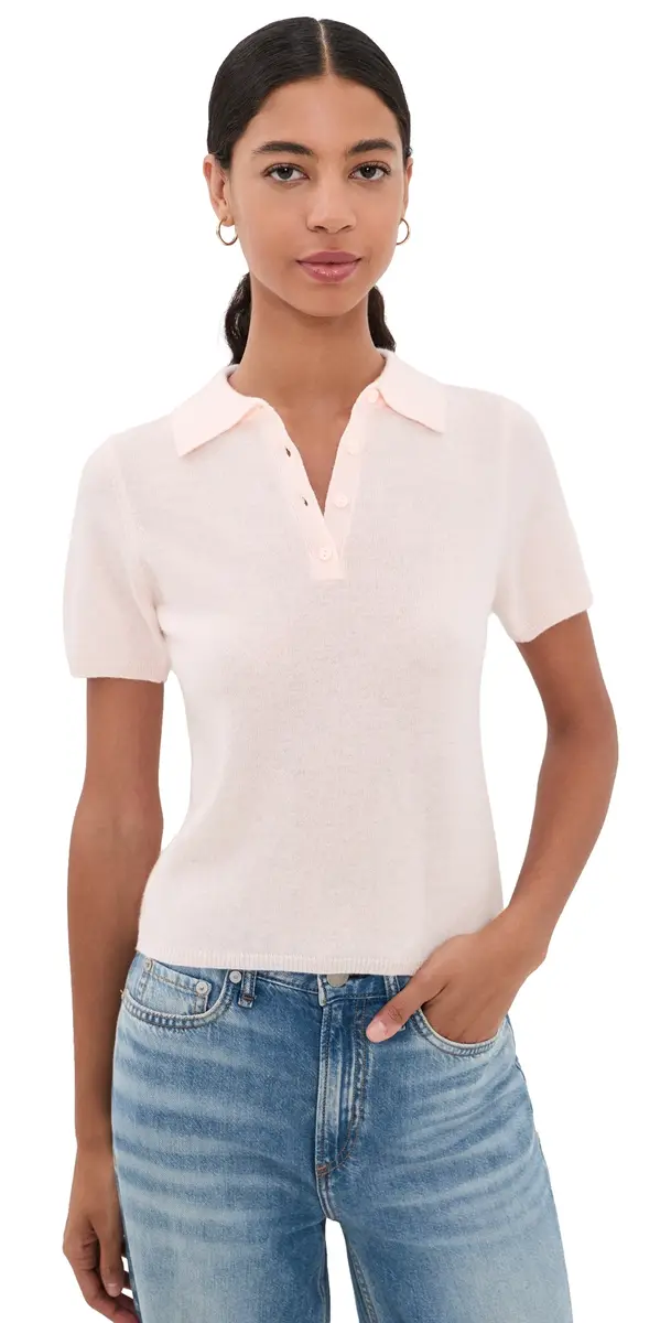 Joe's Jeans Cashmere Short Sleeve Polo Sweater Powder Pink | Image 1 Joe's Jeans Cashmere Short Sleeve Polo Sweater Powder Pink | Image 1