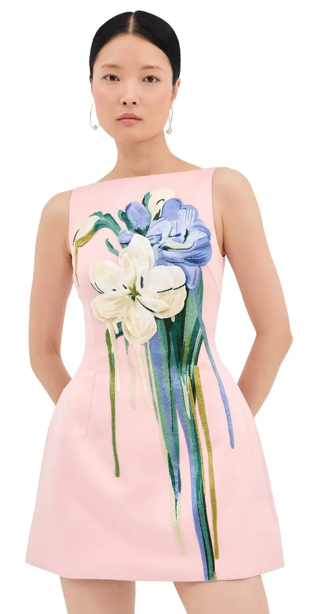 Leo Lin Ali Embroidered Mini Dress Bouquet Print in Pastel Pink | Image 1 Leo Lin Ali Embroidered Mini Dress Bouquet Print in Pastel Pink | Image 1