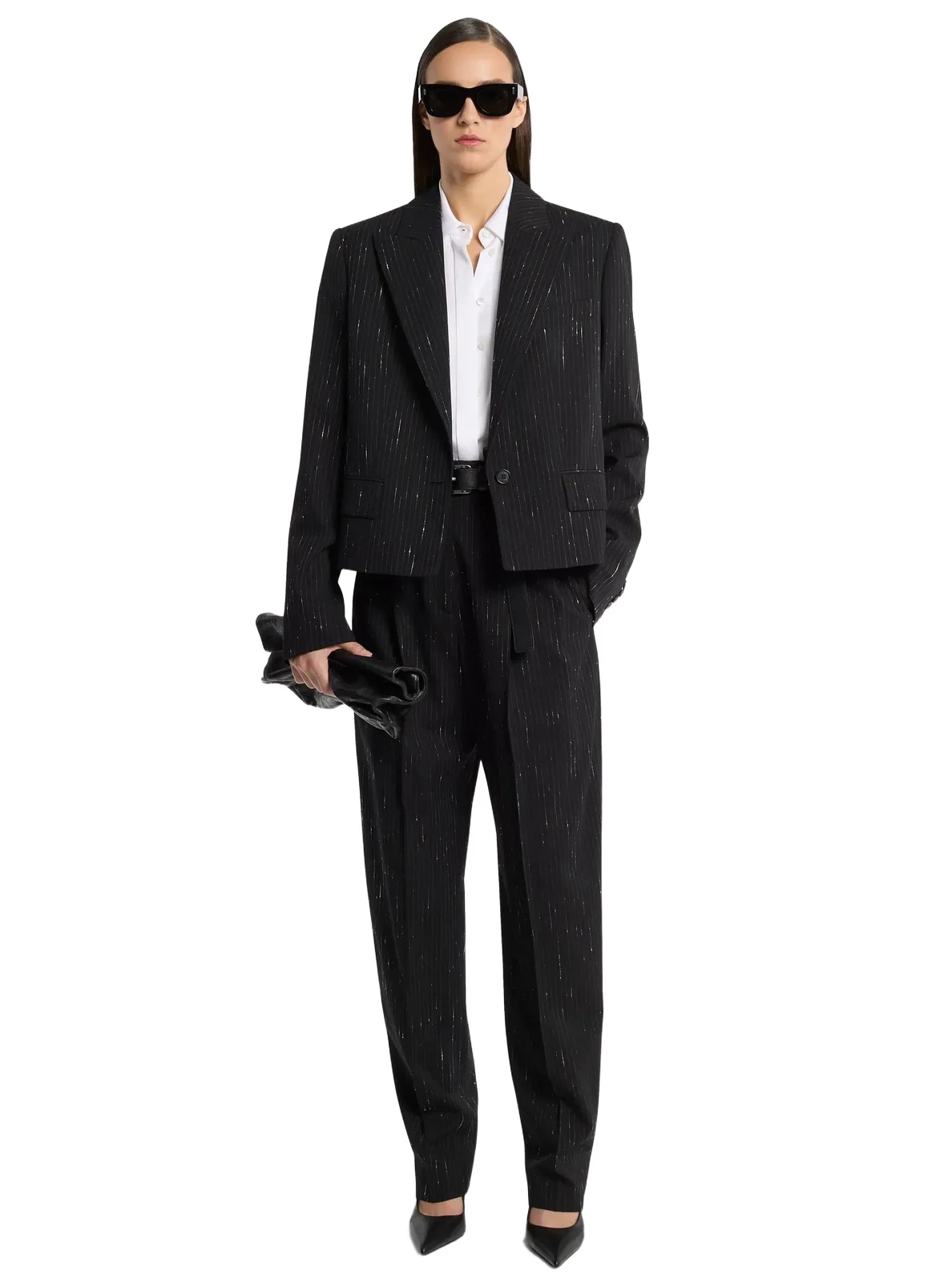 Spencer Pinstriped Sequin Stretch Wool Blazer in Black Spencer Pinstriped Sequin Stretch Wool Blazer in Black