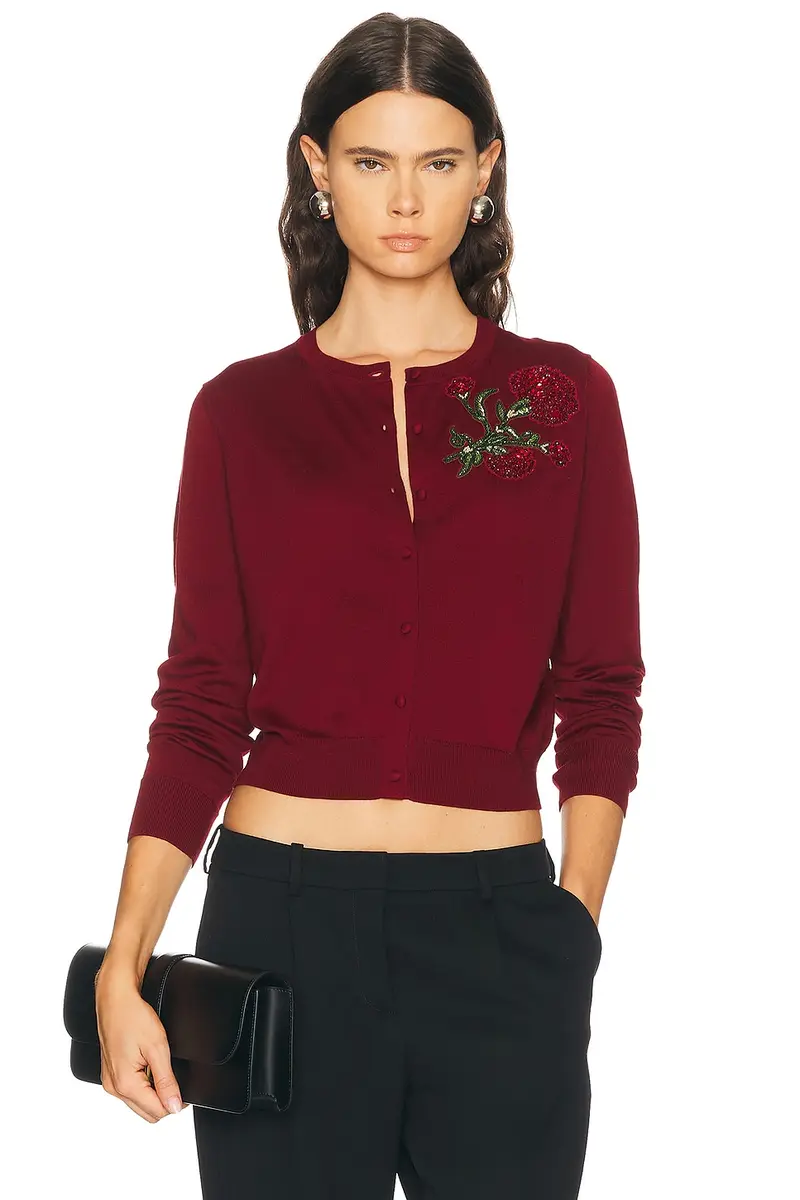 Carolina Herrera Crystal Embroidered Rose Cardigan | Image 1 Carolina Herrera Crystal Embroidered Rose Cardigan | Image 1