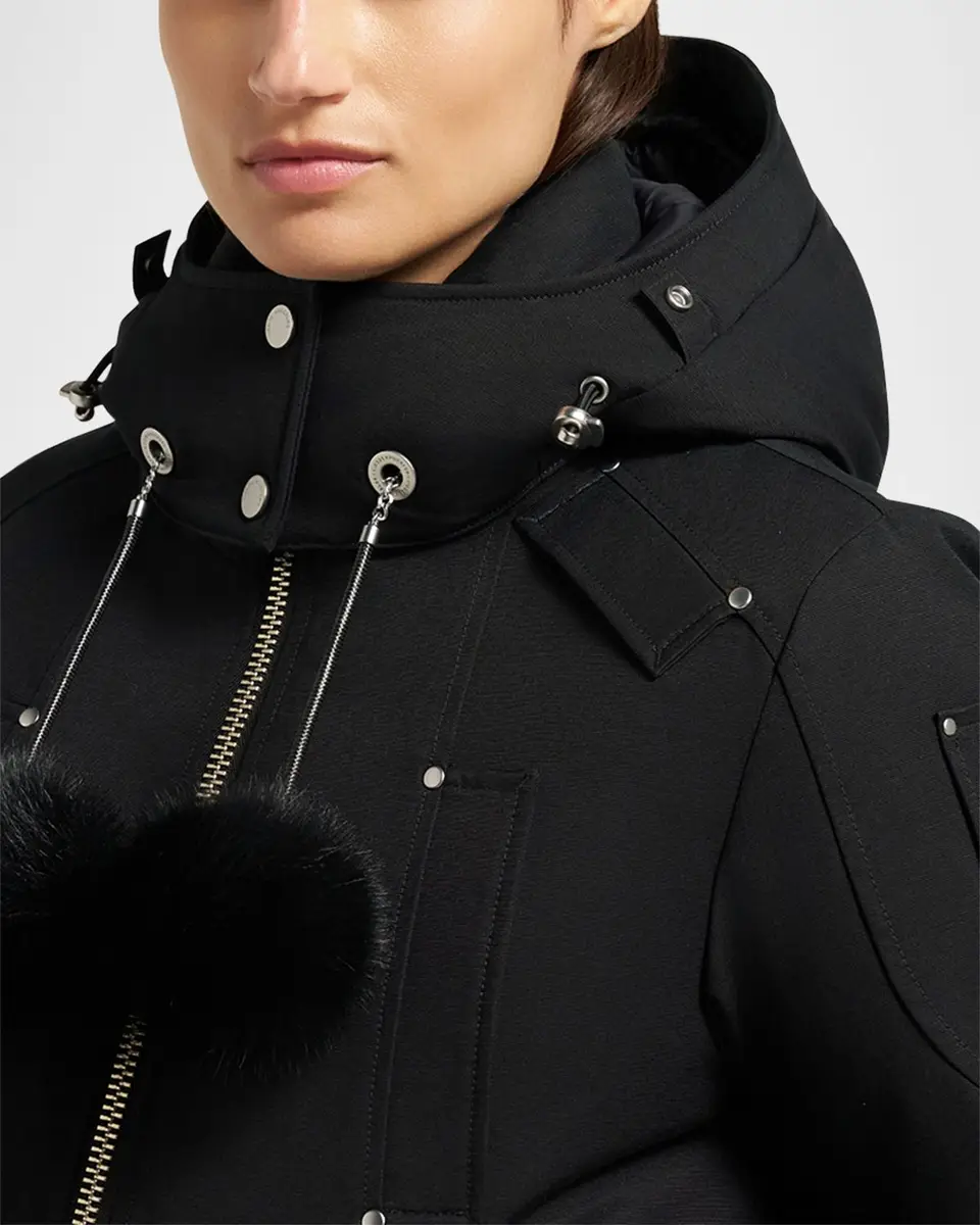 Moose Knuckles Debbie Bomber Jacket with Detachable Hood, Shearling Trim, & Pom Poms | Thumbnail 5