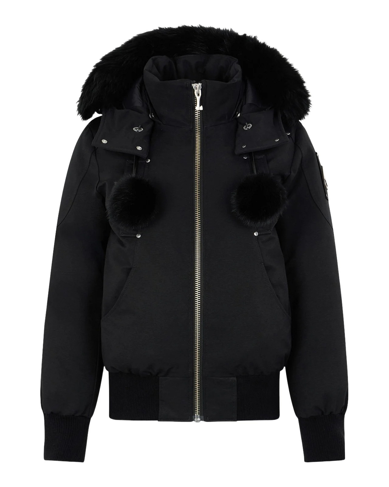 Debbie Bomber Jacket with Detachable Hood, Shearling Trim, & Pom Poms