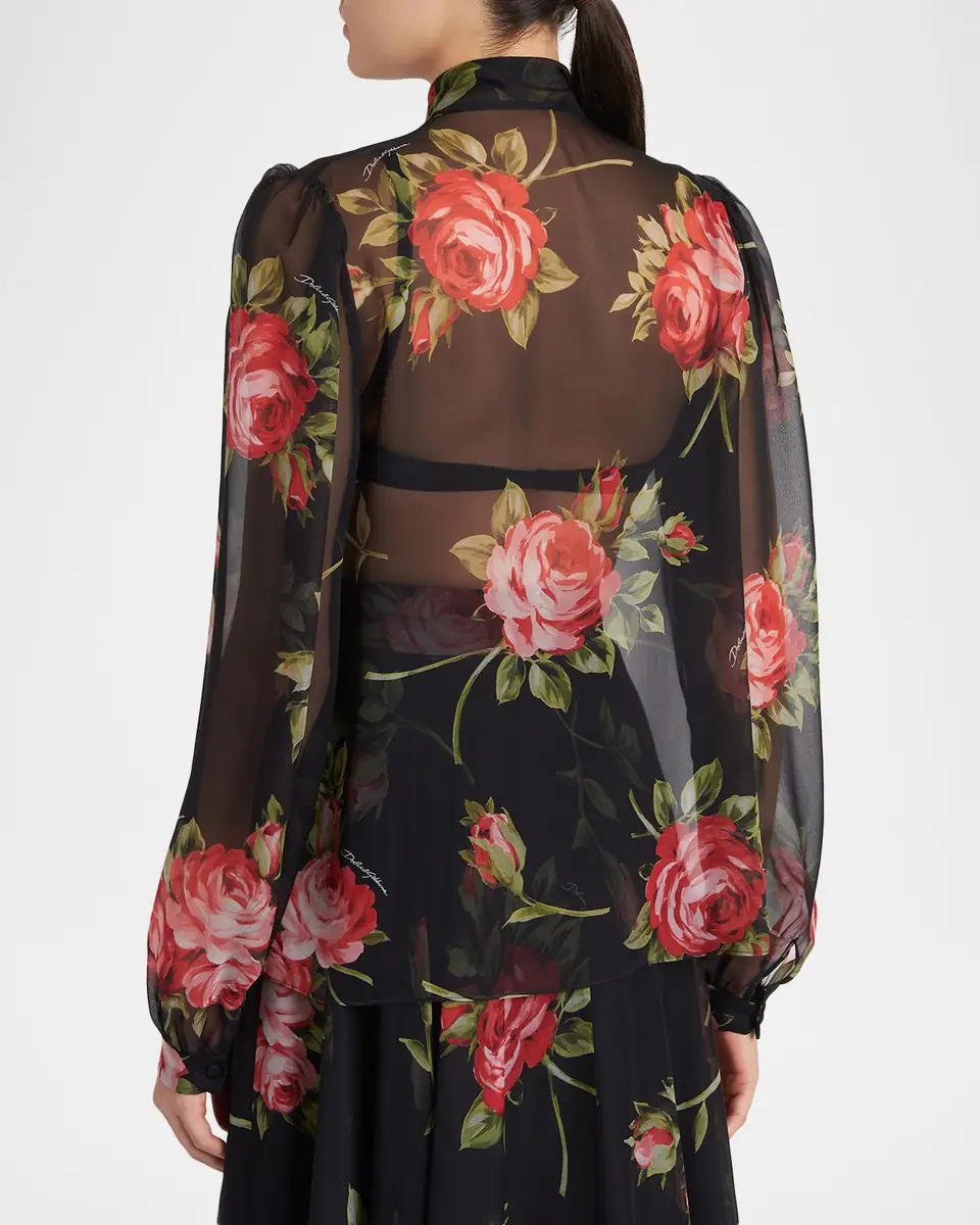 Dolce & Gabbana Rose Bouquet-Print Silk Chiffon Neck-Tie Blouse | Thumbnail 2 Dolce & Gabbana Rose Bouquet-Print Silk Chiffon Neck-Tie Blouse | Thumbnail 2