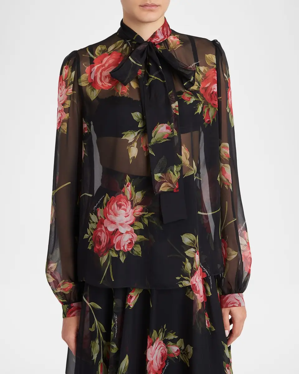 Dolce & Gabbana Rose Bouquet-Print Silk Chiffon Neck-Tie Blouse | Thumbnail 3 Dolce & Gabbana Rose Bouquet-Print Silk Chiffon Neck-Tie Blouse | Thumbnail 3