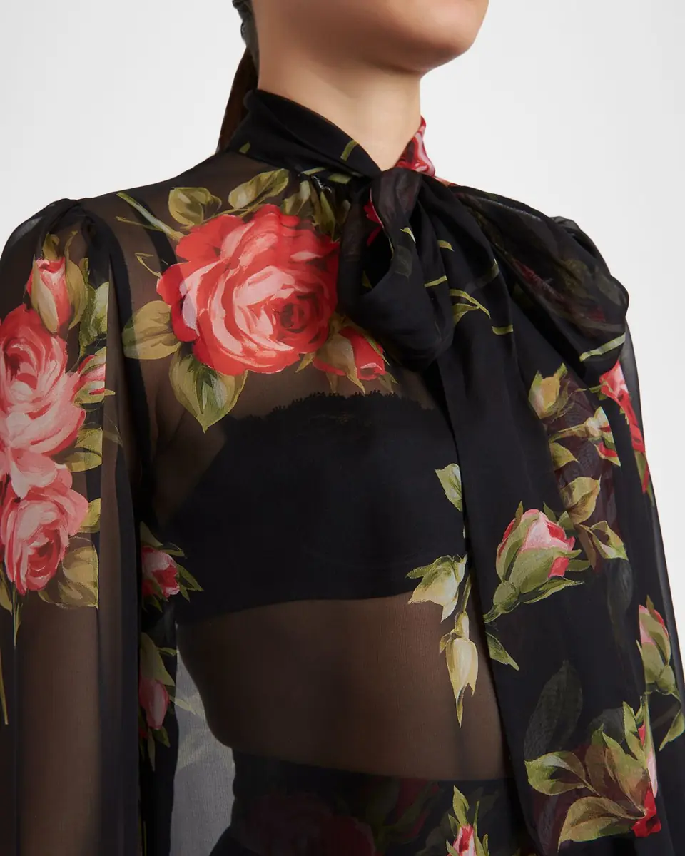 Dolce & Gabbana Rose Bouquet-Print Silk Chiffon Neck-Tie Blouse | Thumbnail 4 Dolce & Gabbana Rose Bouquet-Print Silk Chiffon Neck-Tie Blouse | Thumbnail 4
