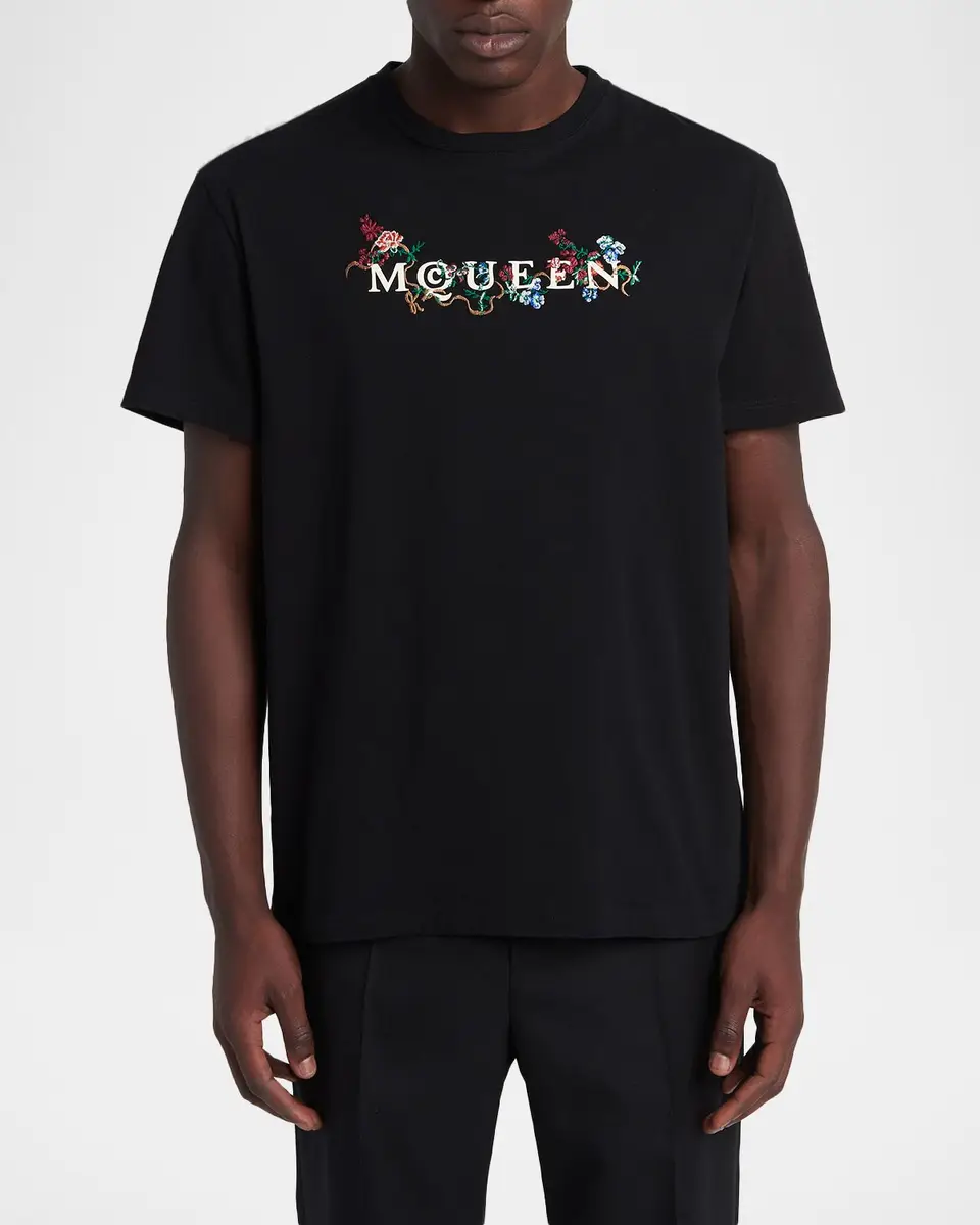 Alexander McQueen Men's Floral-Embroidered Logo T-Shirt | Thumbnail 3 Alexander McQueen Men's Floral-Embroidered Logo T-Shirt | Thumbnail 3