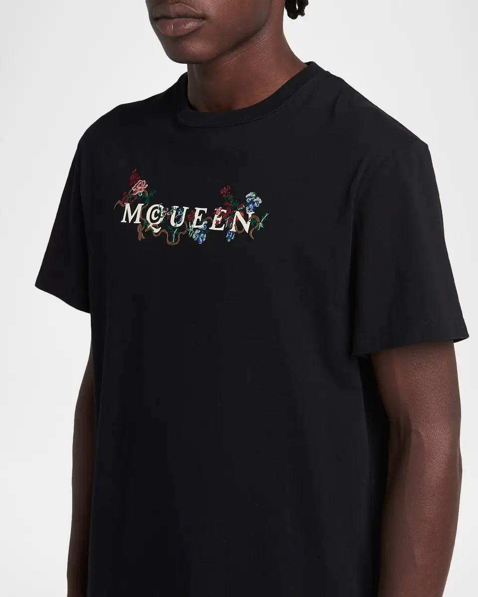 Alexander McQueen Men's Floral-Embroidered Logo T-Shirt | Thumbnail 4 Alexander McQueen Men's Floral-Embroidered Logo T-Shirt | Thumbnail 4