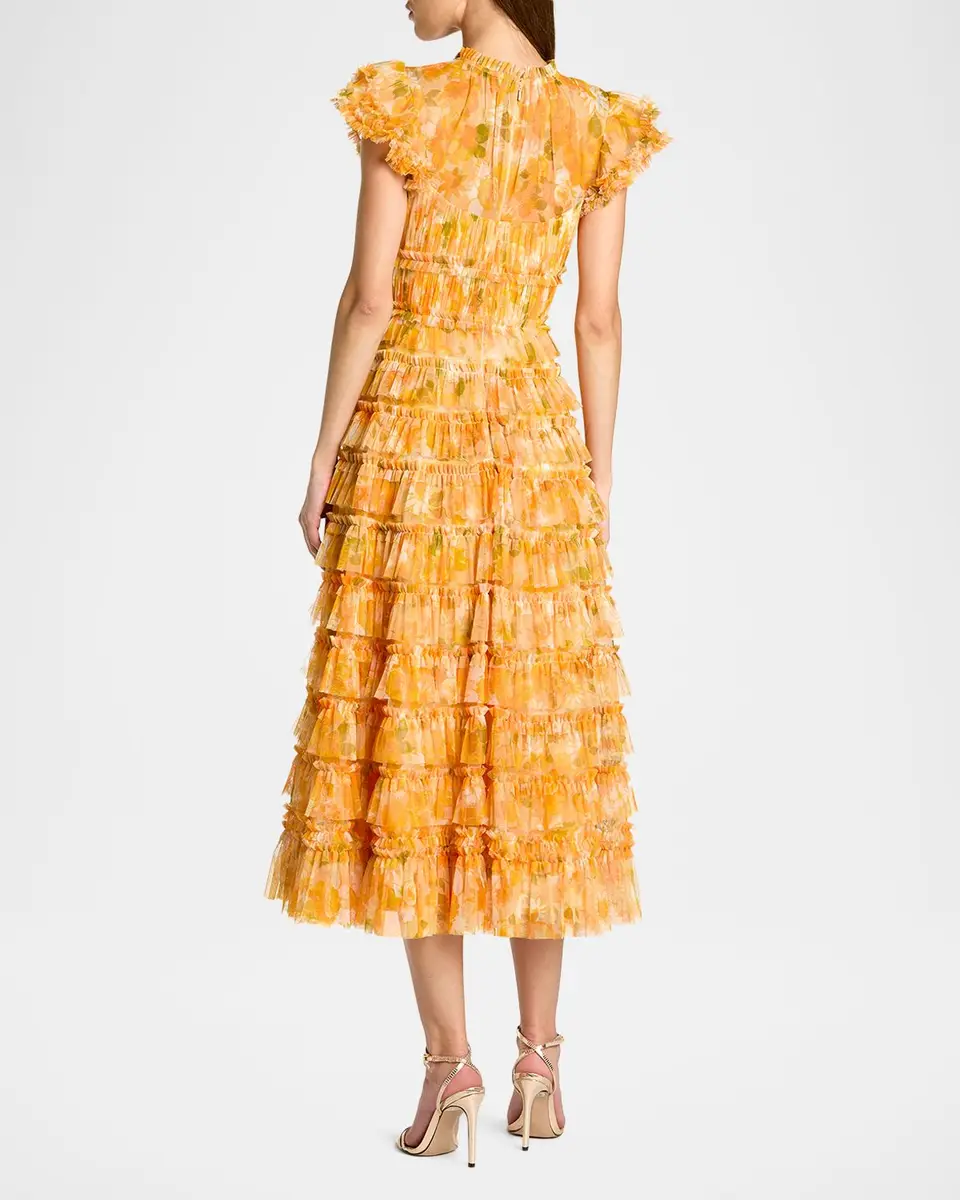 Mac Duggal Floral-Print Ruffle Mesh Midi Dress | Thumbnail 3 Mac Duggal Floral-Print Ruffle Mesh Midi Dress | Thumbnail 3