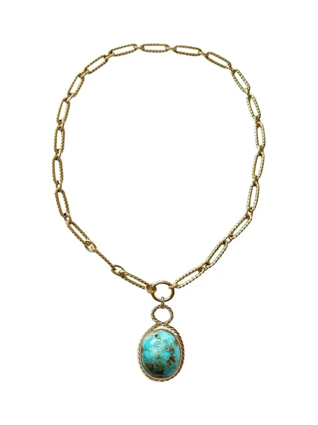 One Of A Kind Turquoise Cabochon Handmade Necklace, 16"L