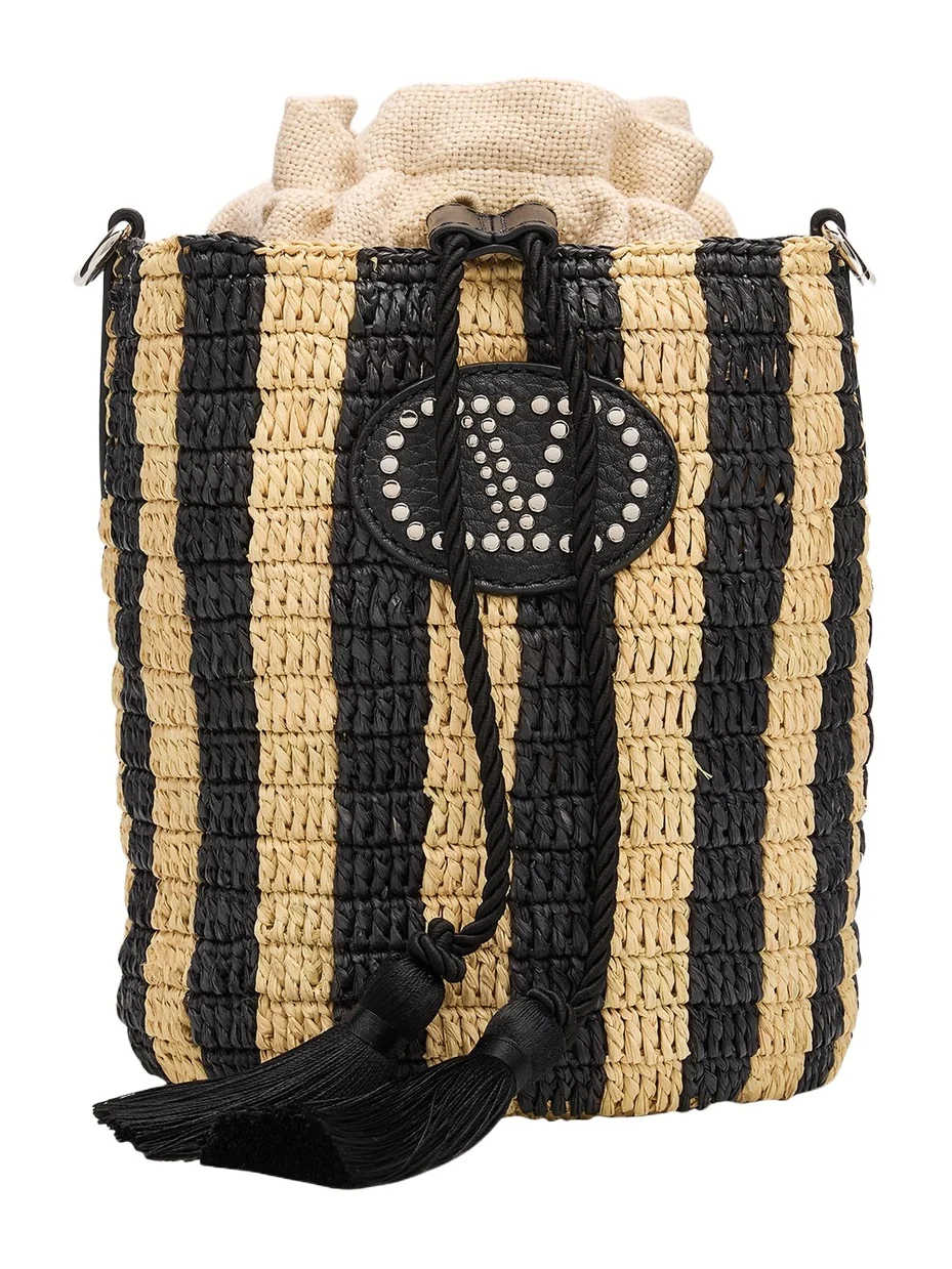 Valentino Garavani Small Striped Viscose Raffia Bucket Bag