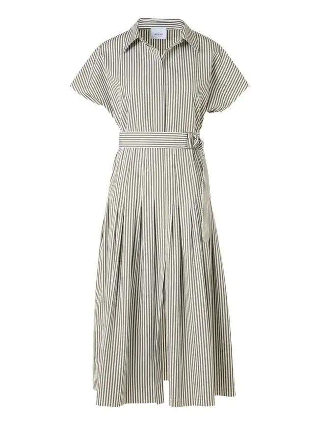 Cap-Sleeve Belted Cotton Poplin Pleated Midi Shirtdress