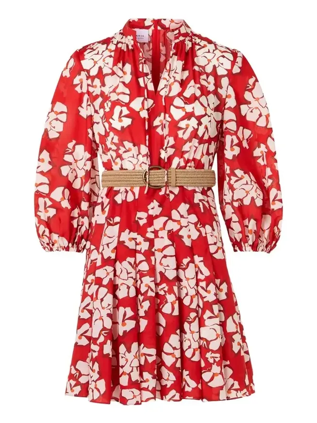 Akris punto Papercut Flower-Print Crepe Balloon-Sleeve Belted Dress