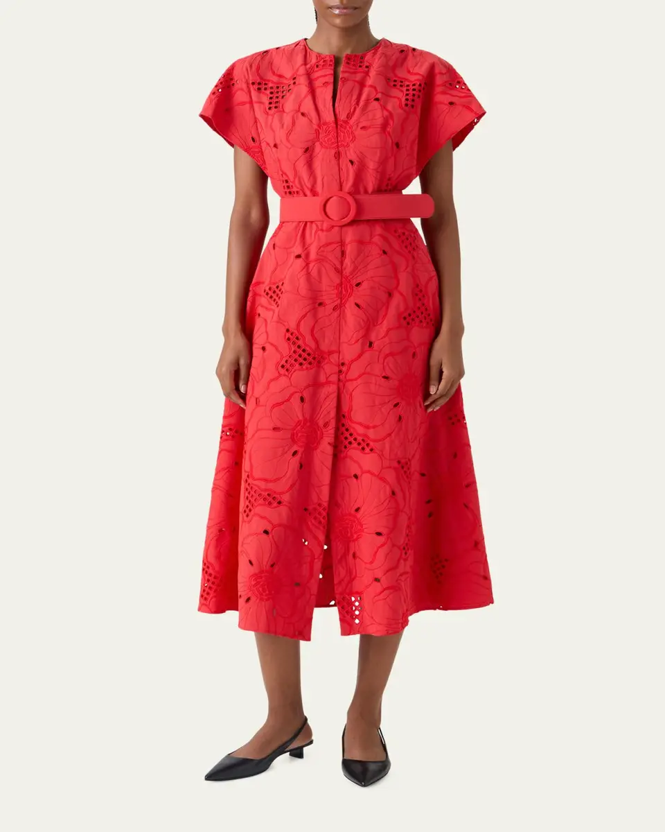 Akris punto Floral Eyelet Embroidered Short-Sleeve Belted Midi Dress | Thumbnail 2 Akris punto Floral Eyelet Embroidered Short-Sleeve Belted Midi Dress | Thumbnail 2