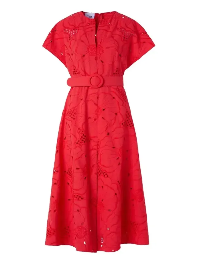 Floral Eyelet Embroidered Short-Sleeve Belted Midi Dress