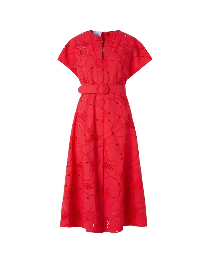 Akris punto Floral Eyelet Embroidered Short-Sleeve Belted Midi Dress | Image 1 Akris punto Floral Eyelet Embroidered Short-Sleeve Belted Midi Dress | Image 1