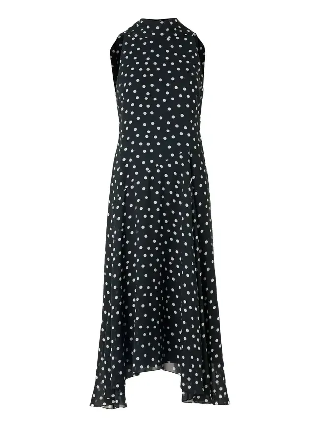 Mock-Neck Polka-Dot Viscose Georgette Handkerchief Midi Dress Mock-Neck Polka-Dot Viscose Georgette Handkerchief Midi Dress