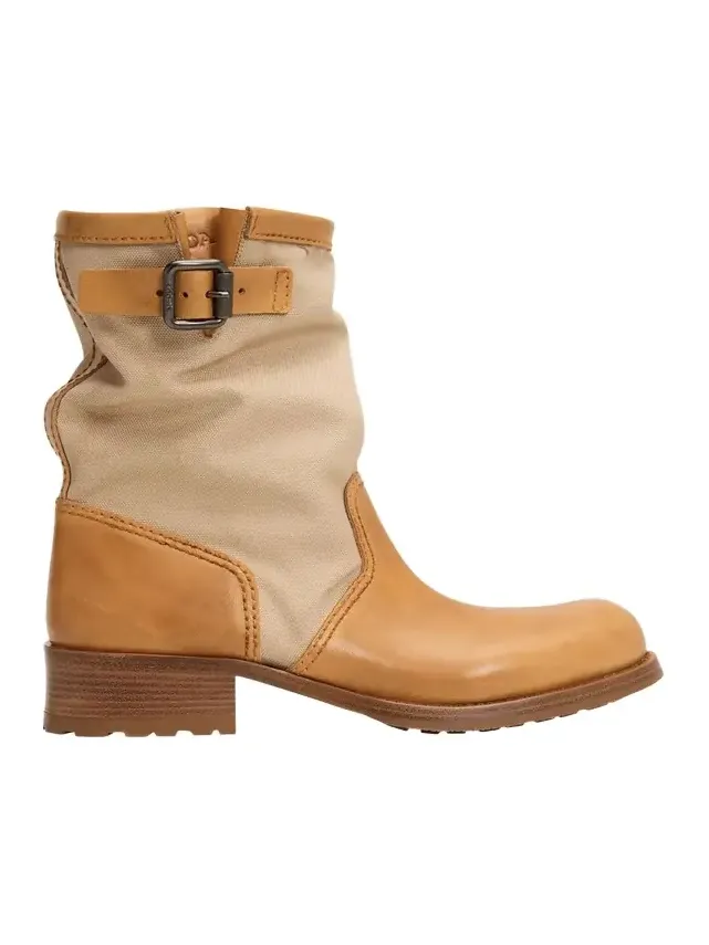 Leather and Canvas Biker Mid-Calf Boots