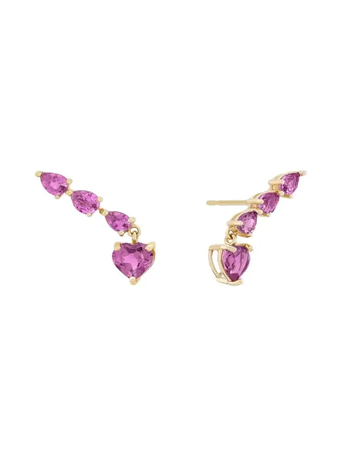 Pink Sapphire Heart and Pear Crawler Earrings Pink Sapphire Heart and Pear Crawler Earrings