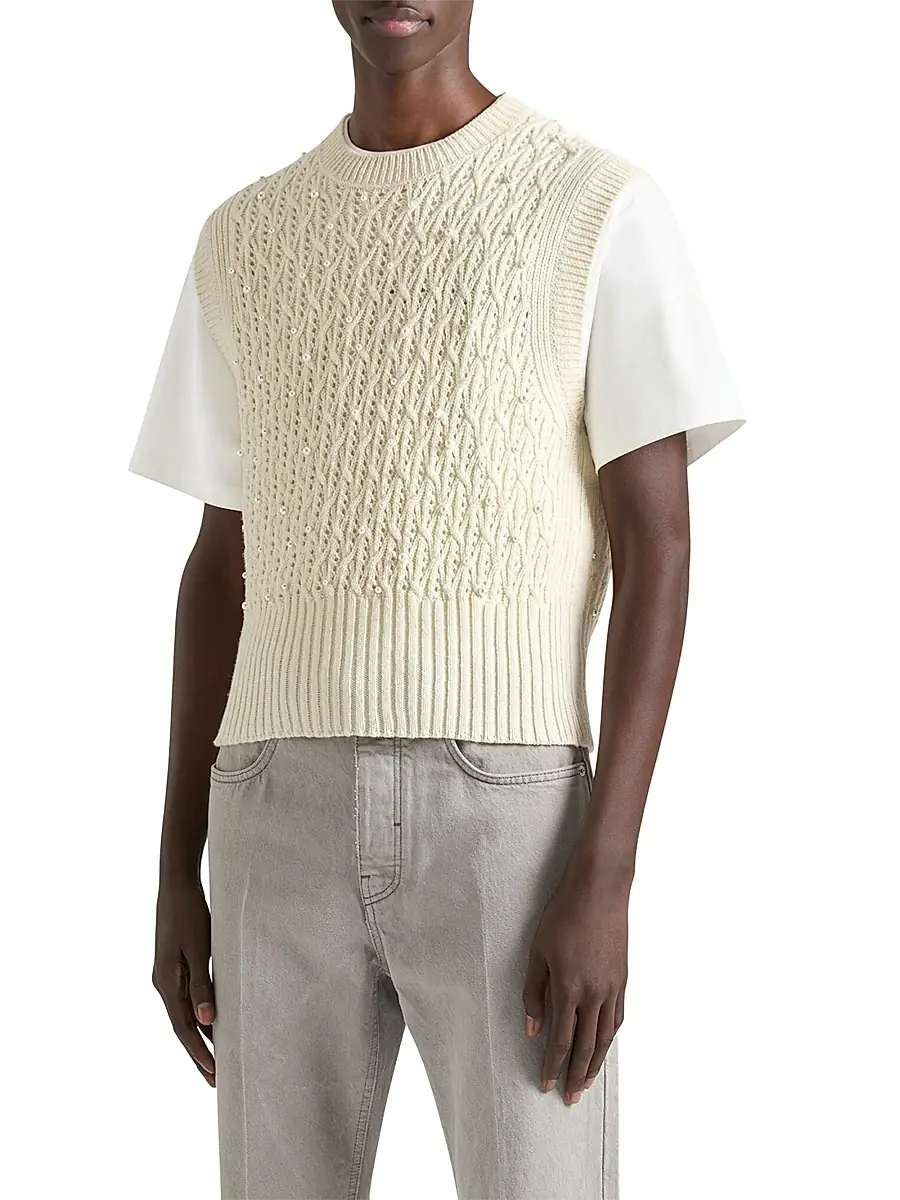 Givenchy Men's Sleeveless Sweater in Wool with Pearl Embroidery - Dove White | Thumbnail 6