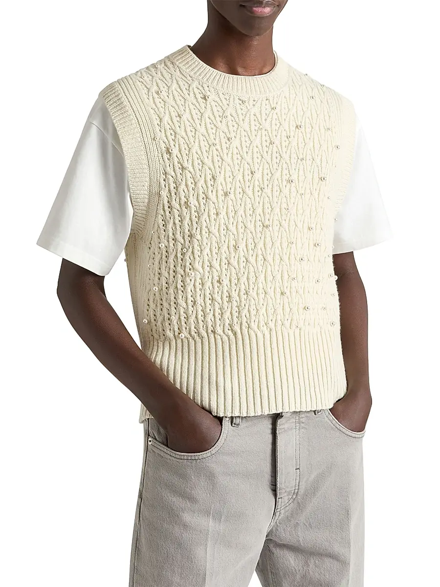 Givenchy Men's Sleeveless Sweater in Wool with Pearl Embroidery - Dove White | Thumbnail 7