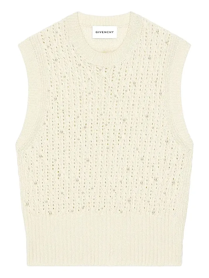 Men's Sleeveless Sweater in Wool with Pearl Embroidery - Dove White Men's Sleeveless Sweater in Wool with Pearl Embroidery - Dove White