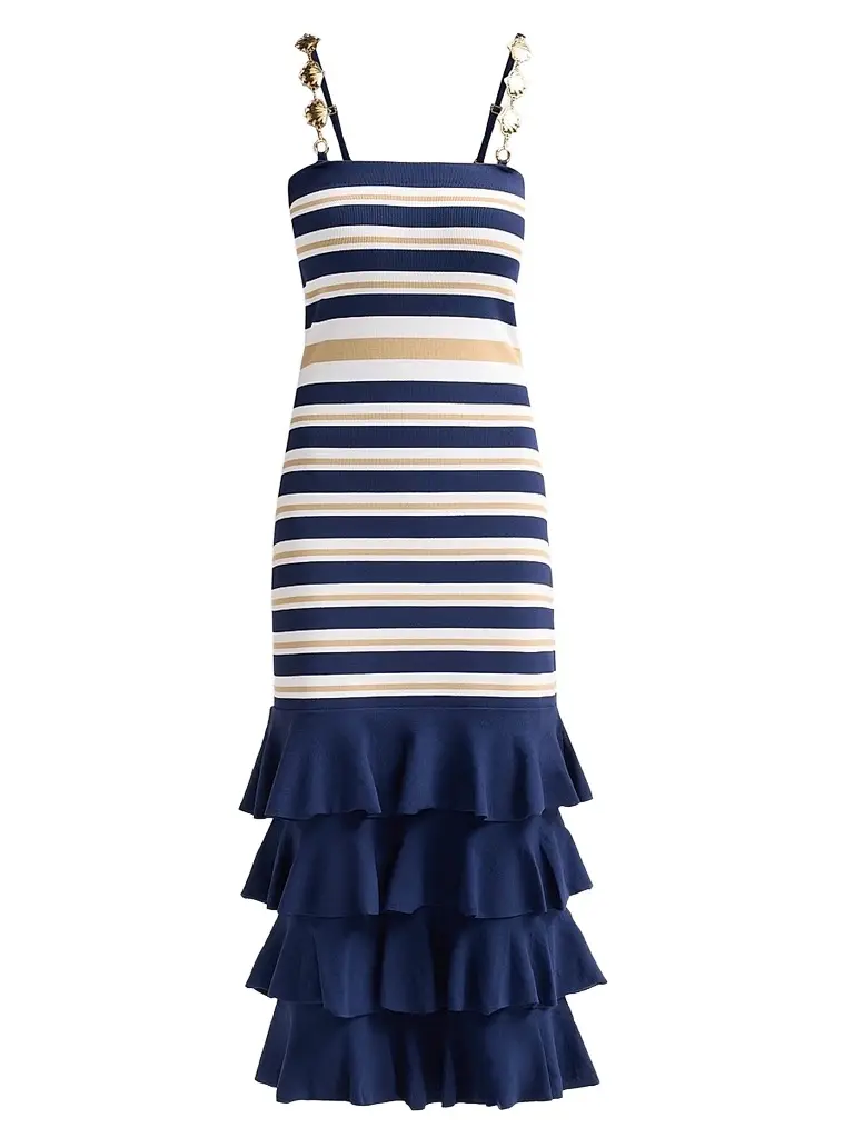 Cara Cara Women's Maryanne Shell Strap Ruffle Midi Dress - Navy Ginger Stripe - Size XL | Image 1 Cara Cara Women's Maryanne Shell Strap Ruffle Midi Dress - Navy Ginger Stripe - Size XL | Image 1