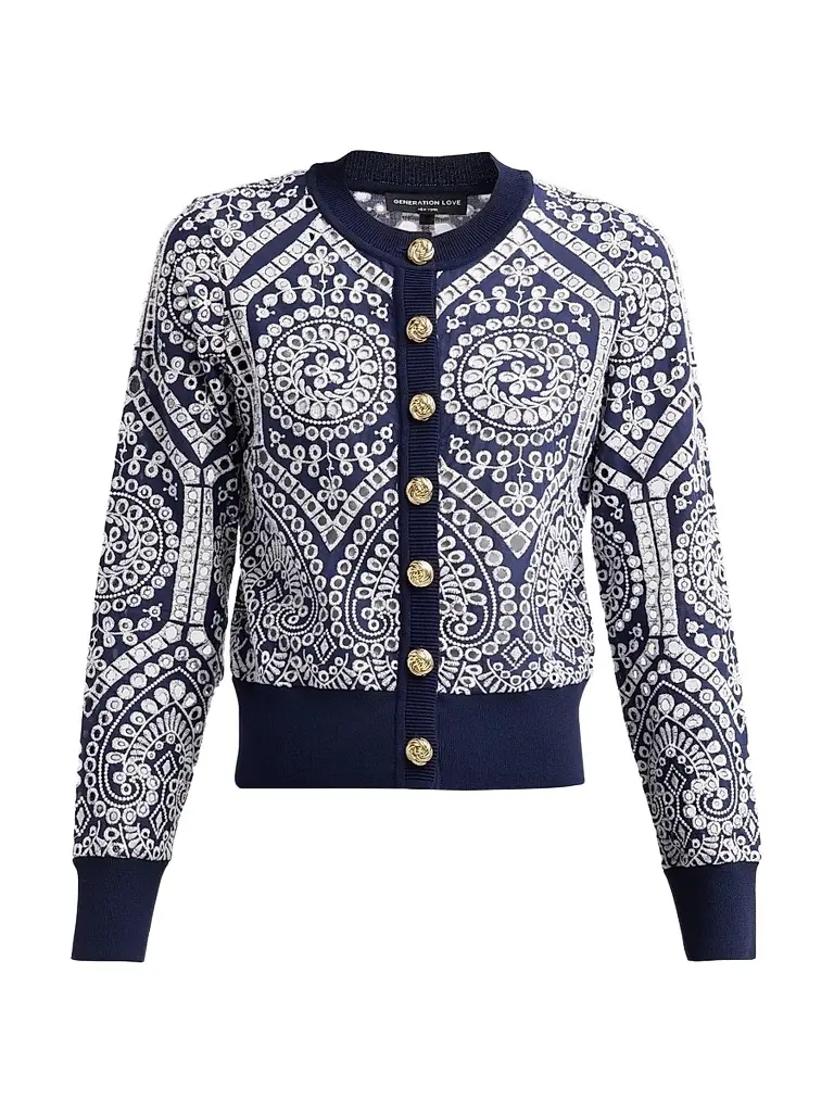 Generation Love Women's Erin Cotton Eyelet Cardigan - Navy White - Size Large | Image 1 Generation Love Women's Erin Cotton Eyelet Cardigan - Navy White - Size Large | Image 1