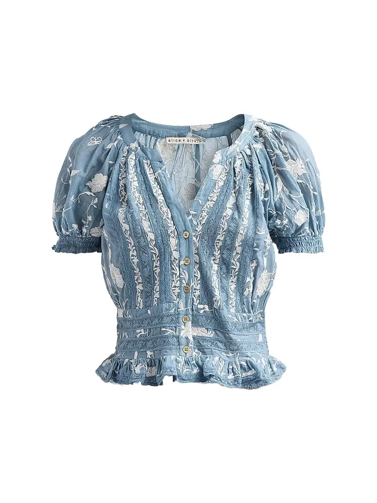 Alice + Olivia Women's Kathryn Lace-Trim Embroidered Blouse - Deep Denim Blue Vanilla - Size XL | Image 1 Alice + Olivia Women's Kathryn Lace-Trim Embroidered Blouse - Deep Denim Blue Vanilla - Size XL | Image 1