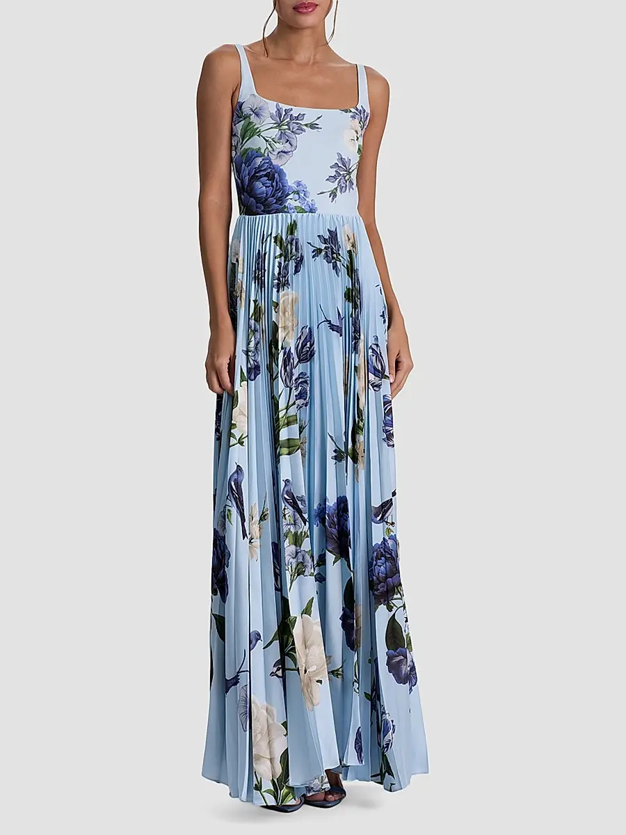 Alice + Olivia Women's Carolyn Asymmetric Floral Pleated Maxi Dress | Thumbnail 2 Alice + Olivia Women's Carolyn Asymmetric Floral Pleated Maxi Dress | Thumbnail 2