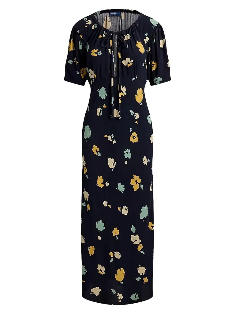 Polo Ralph Lauren Women's Floral Crepe Midi Dress - Tulip Navy Yellow | Image 1 Polo Ralph Lauren Women's Floral Crepe Midi Dress - Tulip Navy Yellow | Image 1