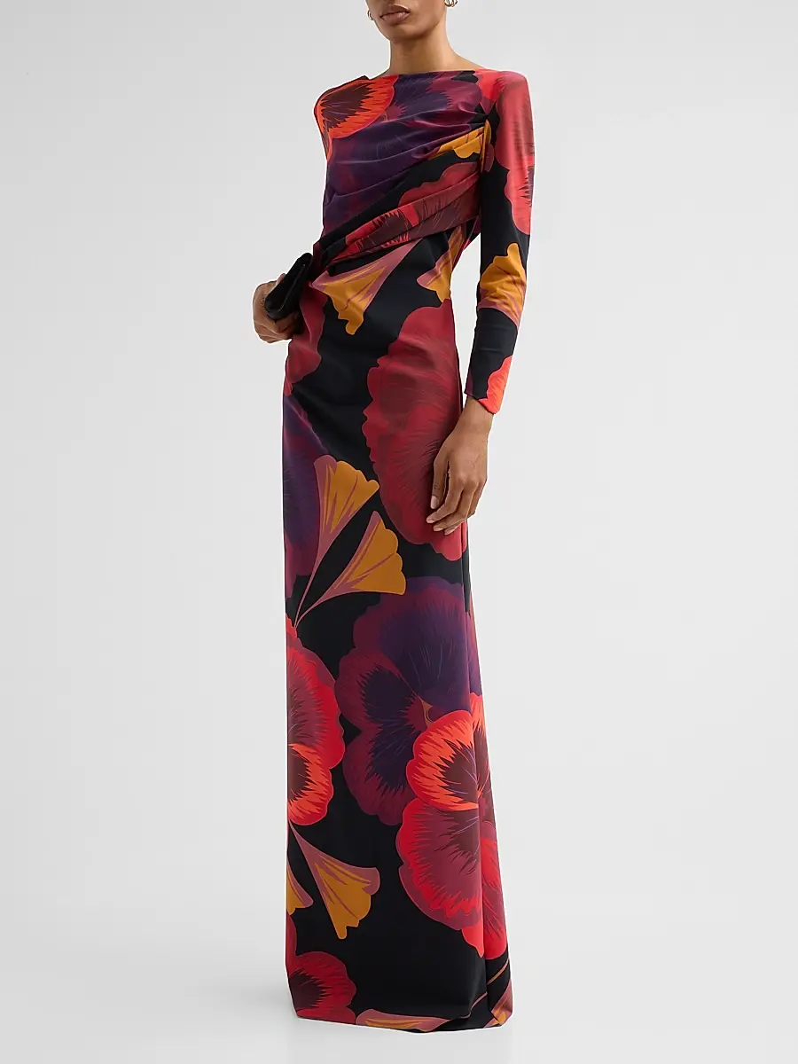 Chiara Boni La Petite Robe Women's Soleo Floral Draped Long-Sleeve Gown | Thumbnail 4 Chiara Boni La Petite Robe Women's Soleo Floral Draped Long-Sleeve Gown | Thumbnail 4