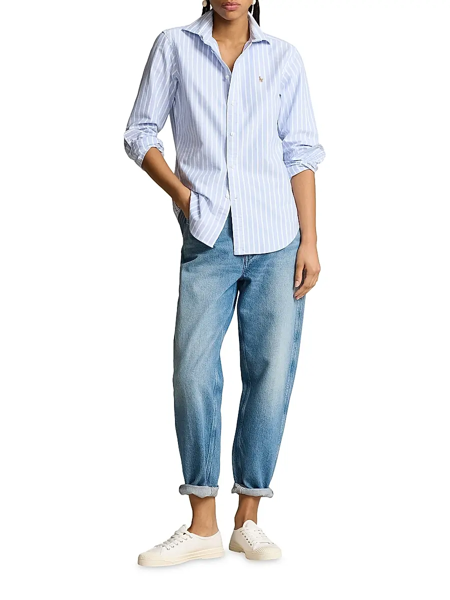 Polo Ralph Lauren Women's Slim-Fit Striped Oxford Shirt - Harbor Island Blue White | Image 1 Polo Ralph Lauren Women's Slim-Fit Striped Oxford Shirt - Harbor Island Blue White | Image 1