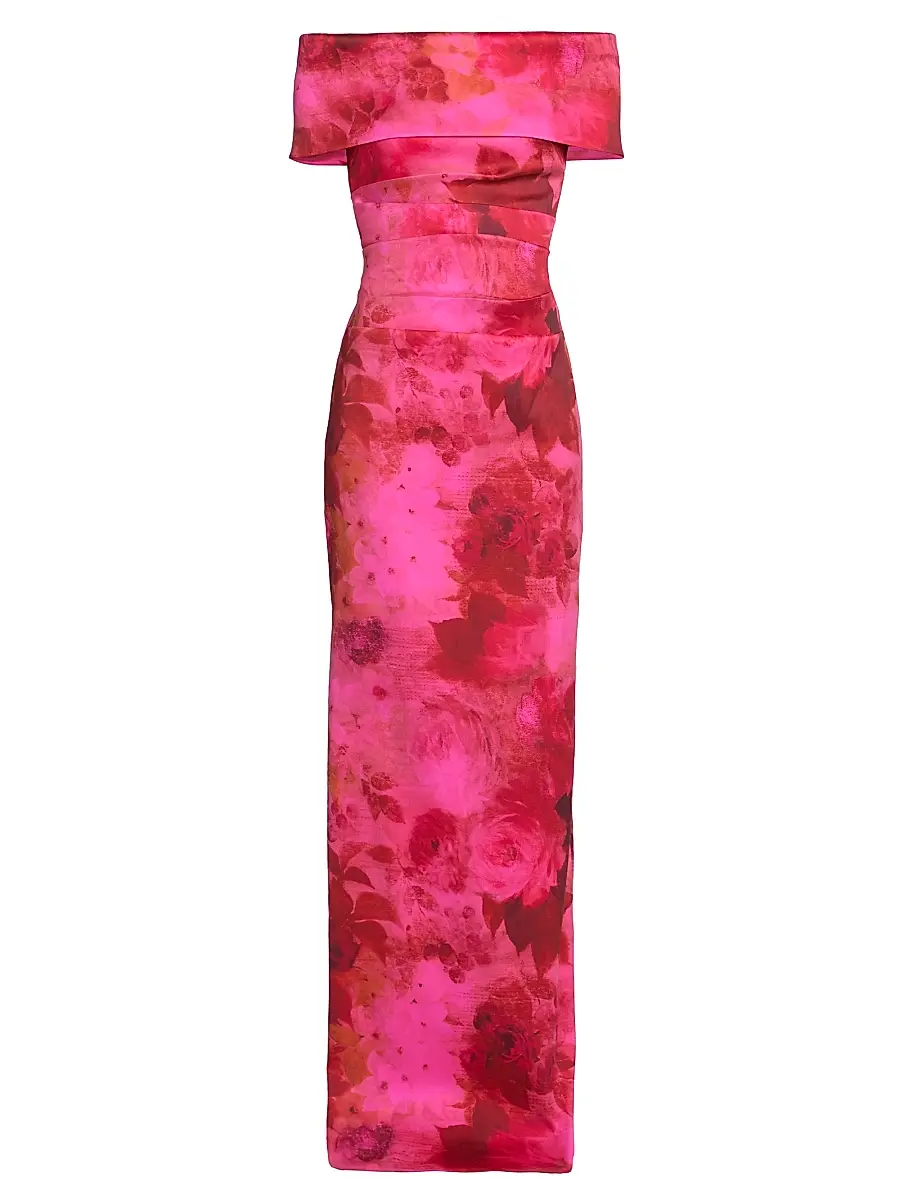 Teri Jon by Rickie Freeman Women's Floral Off-the-Shoulder Ruched Gown - Fuschia Multi | Image 1 Teri Jon by Rickie Freeman Women's Floral Off-the-Shoulder Ruched Gown - Fuschia Multi | Image 1
