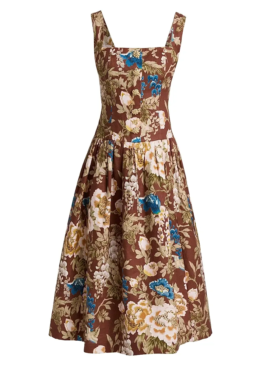 Cara Cara Women's Feliz Floral Linen Midi Dress - Flora Meadow Brown | Image 1 Cara Cara Women's Feliz Floral Linen Midi Dress - Flora Meadow Brown | Image 1