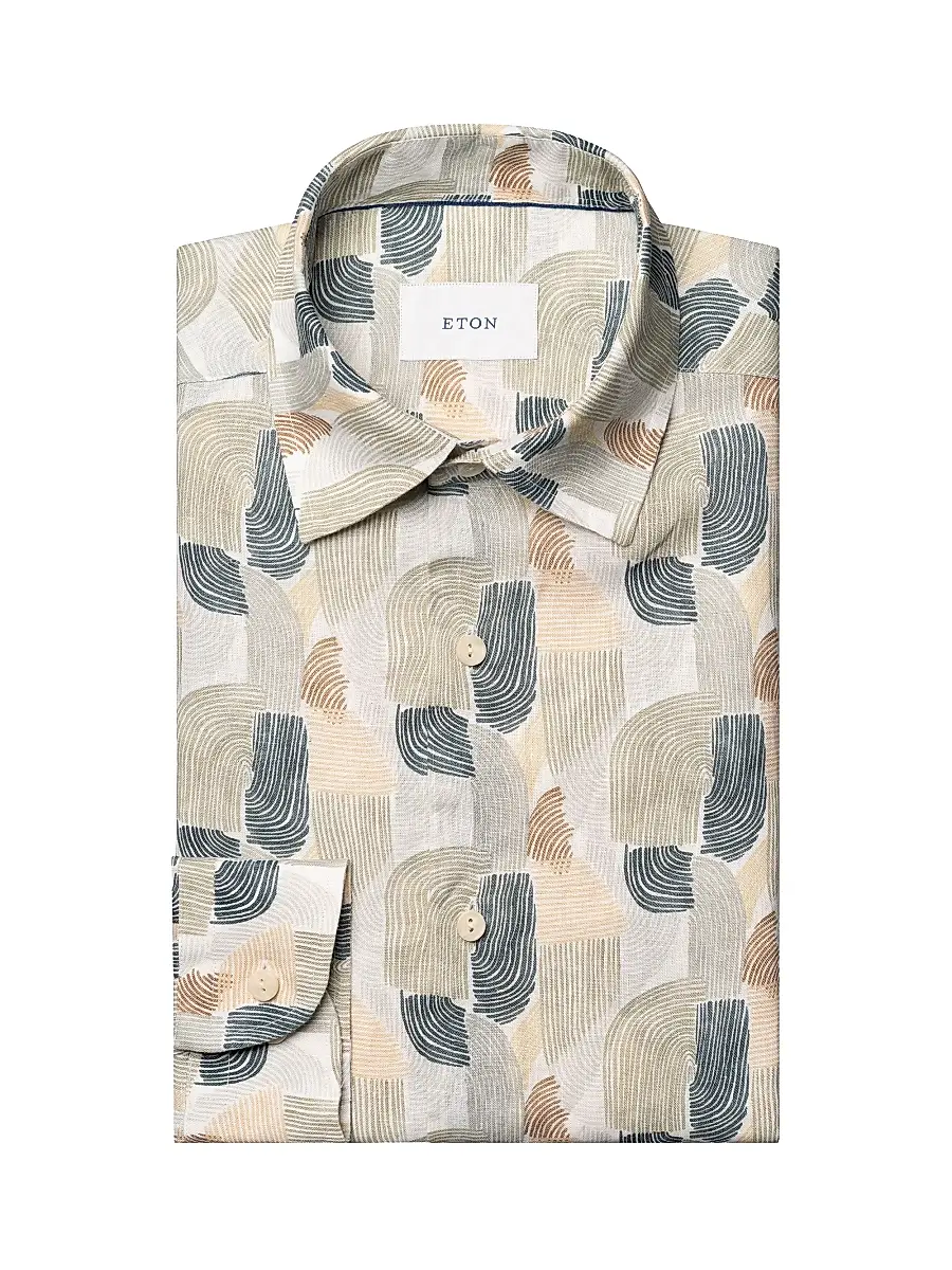 Eton Men's Geometric Print Linen Shirt - Mid Green - Size XXL | Image 1 Eton Men's Geometric Print Linen Shirt - Mid Green - Size XXL | Image 1