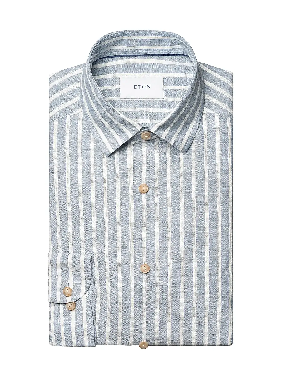 Eton Men's Structure Striped Linen Button-Front Shirt - Mid Blue | Image 1 Eton Men's Structure Striped Linen Button-Front Shirt - Mid Blue | Image 1