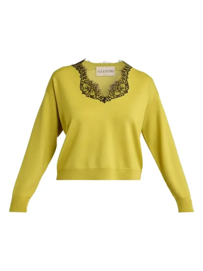 Lace-Trim V-Neck Cashmere Sweater Lace-Trim V-Neck Cashmere Sweater