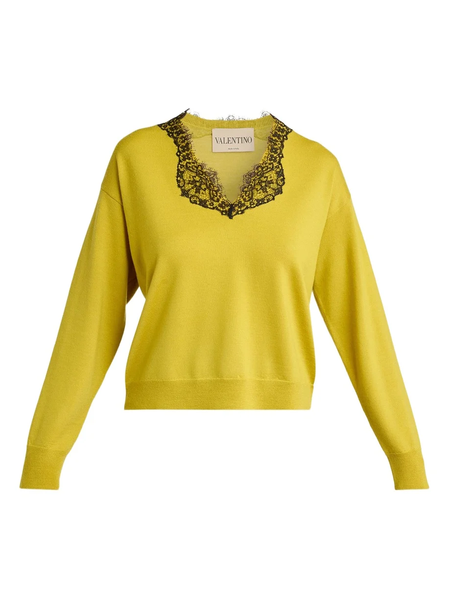 Valentino Garavani Lace-Trim V-Neck Cashmere Sweater